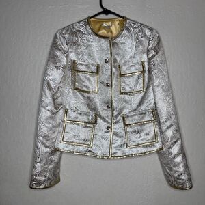 Cache Gold Silver Metallic Paisley Lined Rhinestone Button Jacket Women’s Size 6